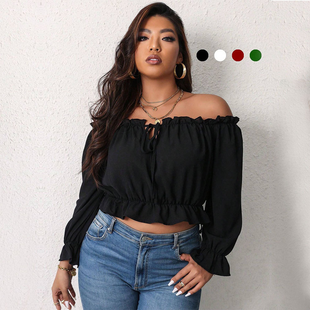Large Size Womens High Cold Imperial Style T-shirt for Autumn and Winter One Neck Off Shoulder Slim Fit Short Top
