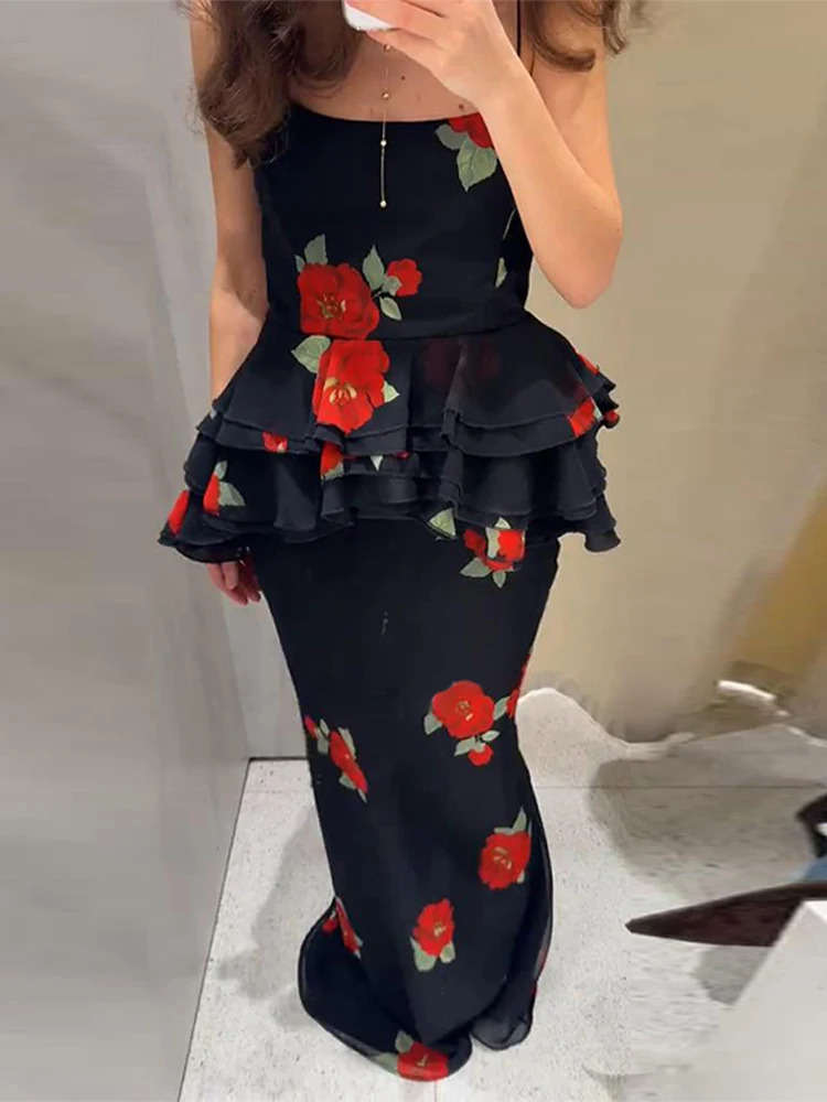 Elegant Ruffle Top Skirt Set Women Chic Print Sleeveless Backless Sling Top Hip Package Long Skirt Sets 2025 Summer Lady Dress 250515