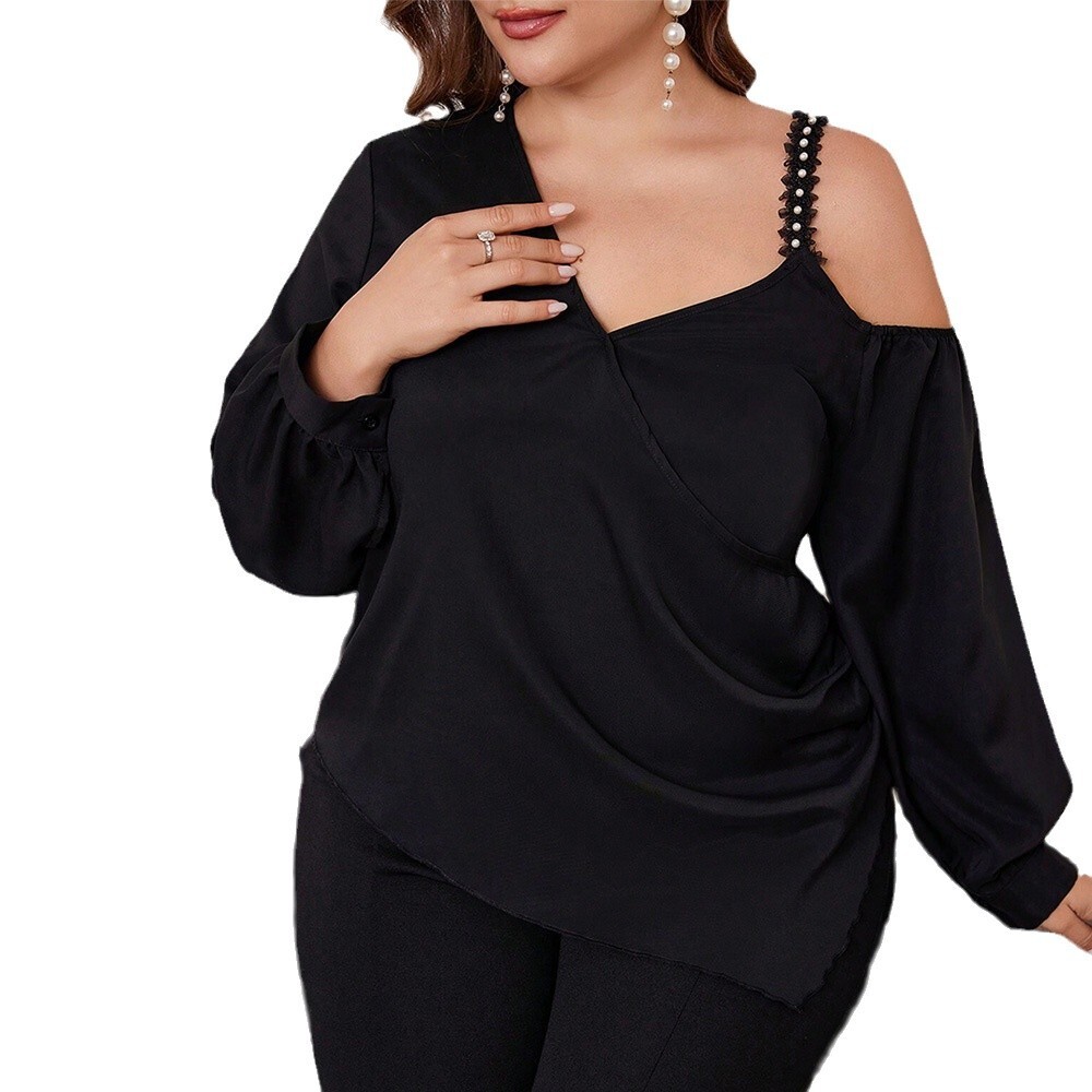 Large Size Womens Elegant Style Loose T-shirt Autumn and Winter New Item Irregular Off Shoulder Inner Top