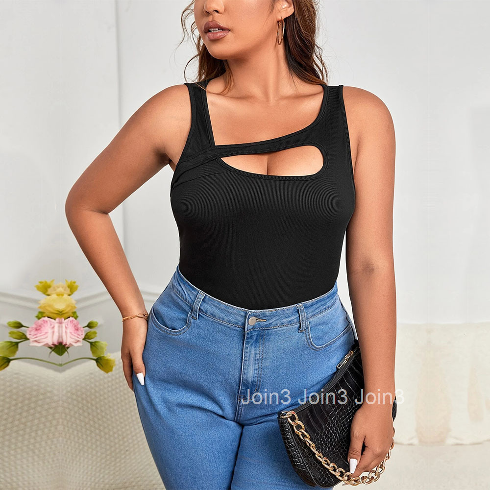 Large Size Womens New Ins Style Asymmetrical Shoulder Strap Hollowed Out Slim Fit Solid Color Vest Top