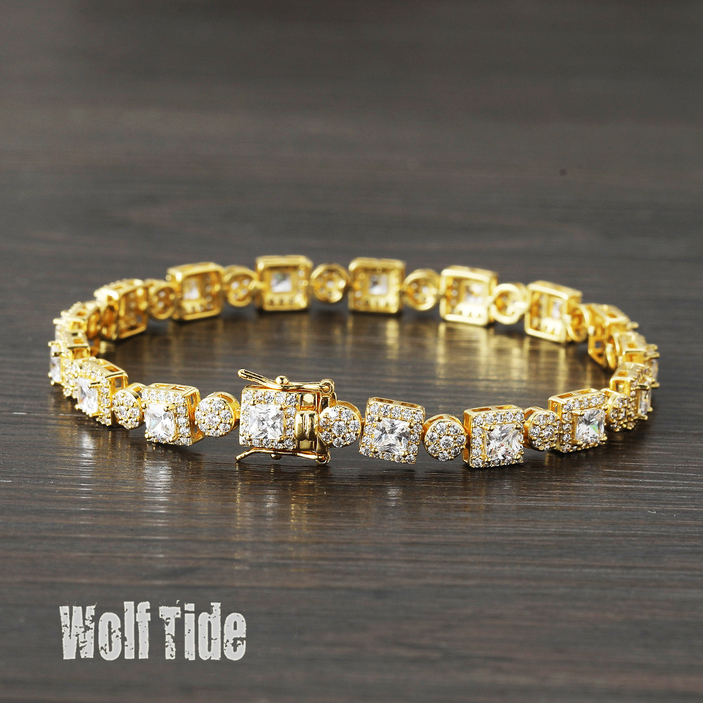 Bling Unisex Square Round Mixed Tennis Bracelet With Copper Prong Cubic Zirconia 14K Gold Hip Hop Iced Out Gemstones Chains Wristband Wolf Tide Jewelr