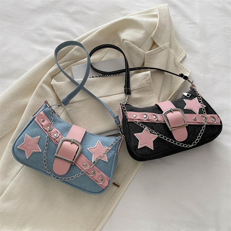 Free Delivery Designer S Bag Korean Edition Underarm For Women In Spring Stylish Contrasting Color Single Shoulder Casual And Personalized Chain Denim