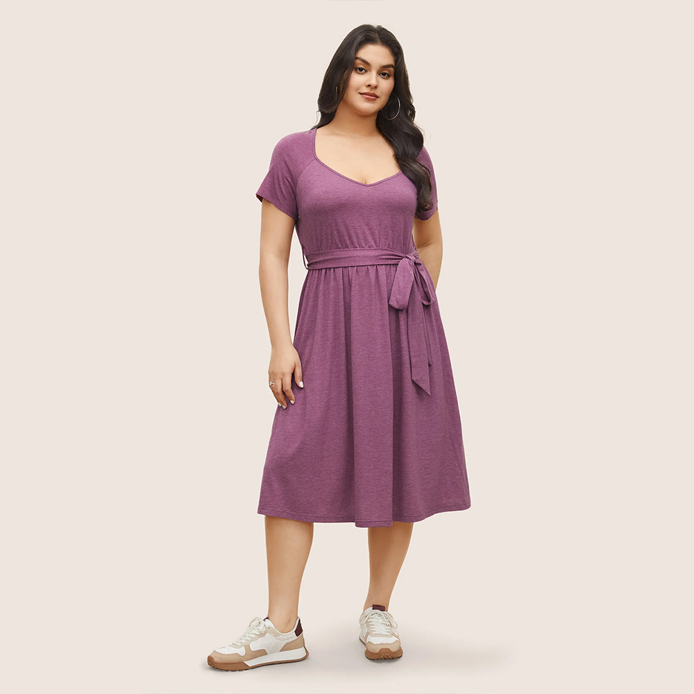 Large Size Womens New V-neck Waist Cinched Pocket Short Sleeved Long Skirt Casual Dress