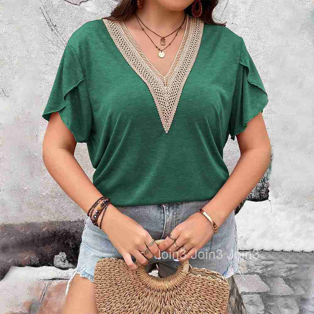 Large Size Womens New Patchwork Lace V-neck Loose Casual Knitted Short Sleeved T-shirt Versatile Top