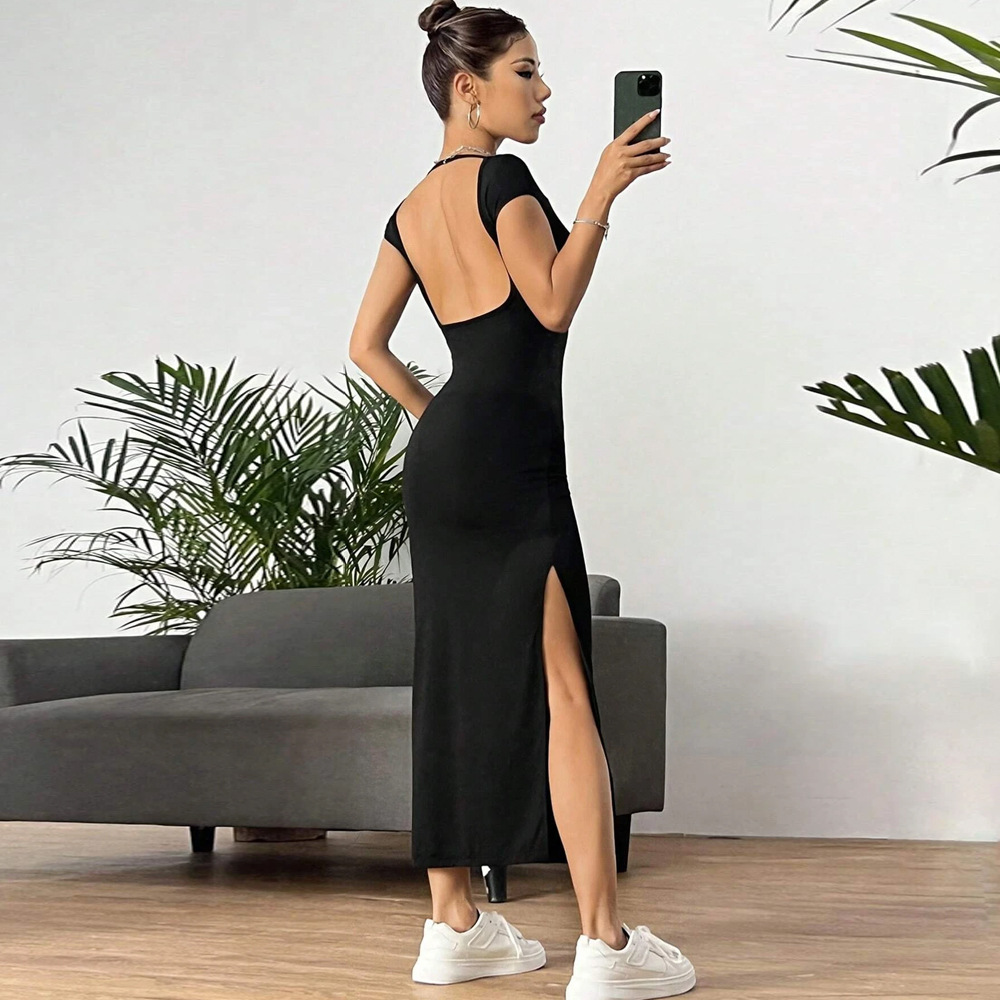 Womens Spring/summer Slim Fit Sexy Exposed Backpack Hip Slit Sleeveless Dress