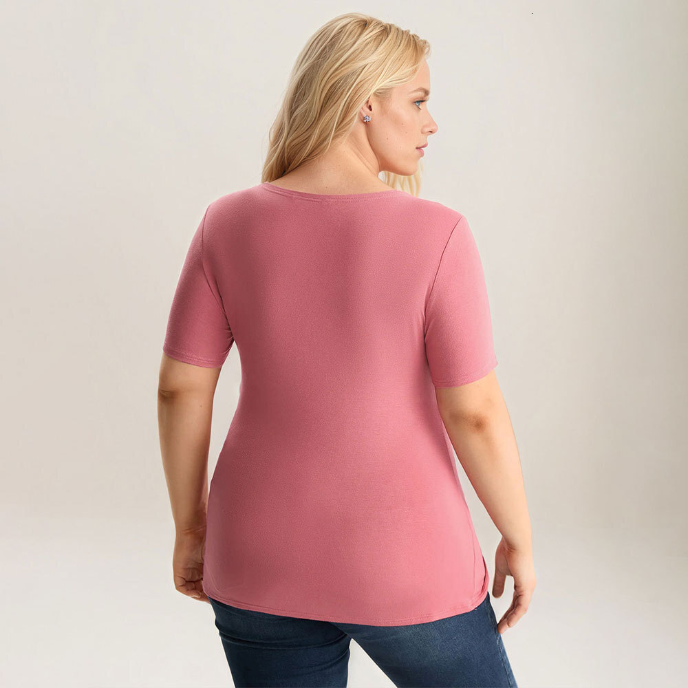 2025 New Plus Size Womens Pink Minimalist Style Versatile Commuting T-shirt Slimming Short Sleeved Top