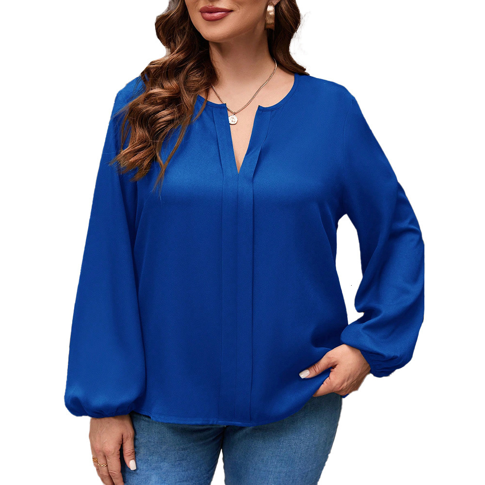 Large Size Womens Autumn and Winter New Item Solid Color V-neck Loose Casual Long Sleeved T-shirt Top