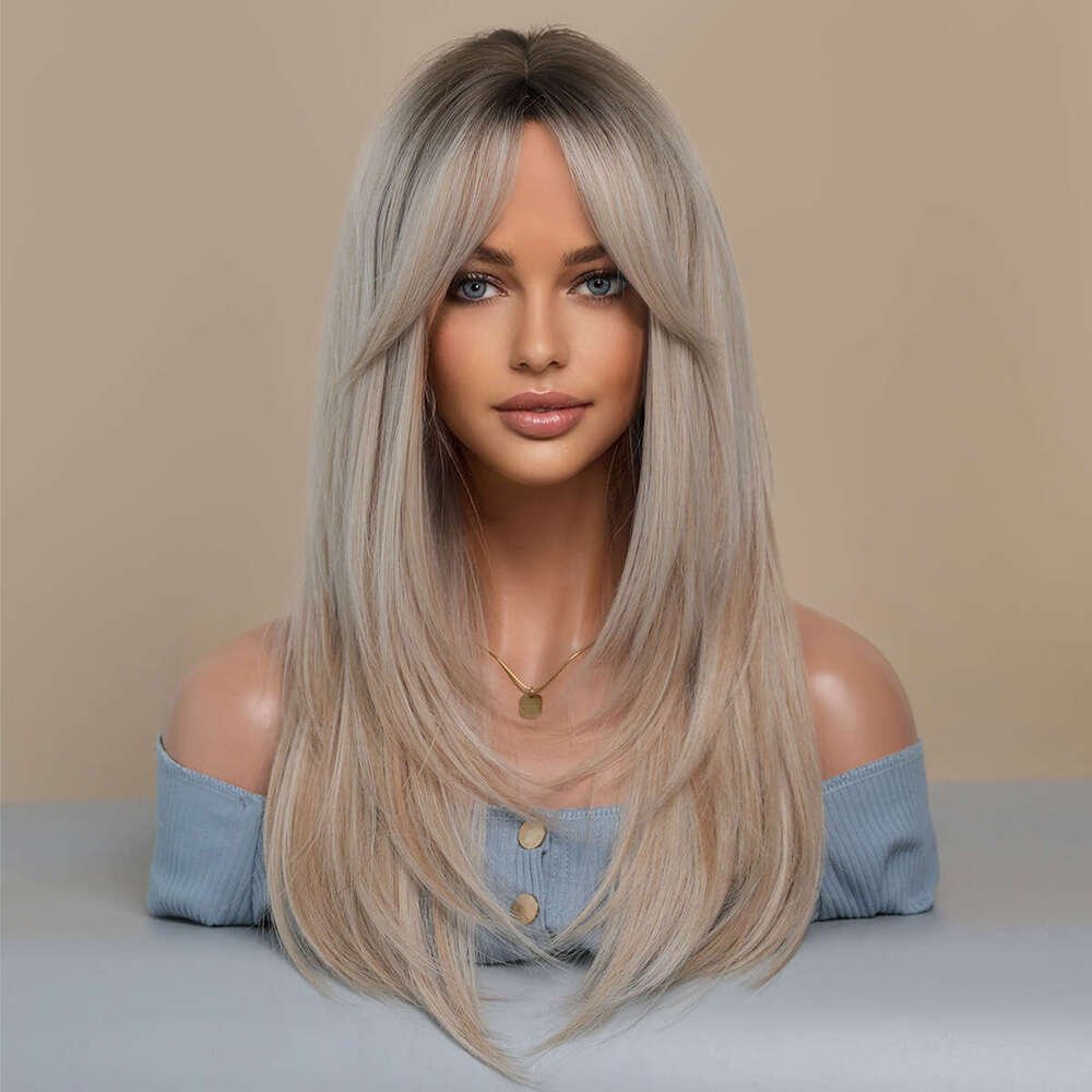 Women's Octagonal bangs wig, gradient long straight hair, full head set, high-quality natural layered wig