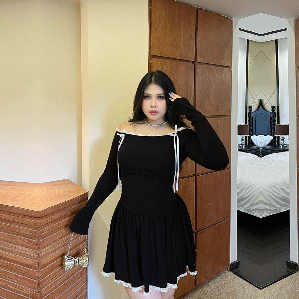 Large Size Womens American Spicy Girl Dress Autumn and Winter One Shoulder Lace Design Slimming Short Skirt