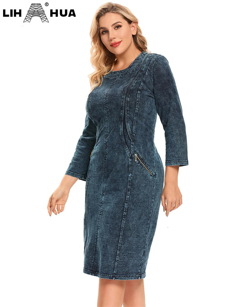 LIH HUA Womens Plus Size Denim Dress Fall Casual Fashion High Stretch Cotton Knit Dress with Pockets 250515