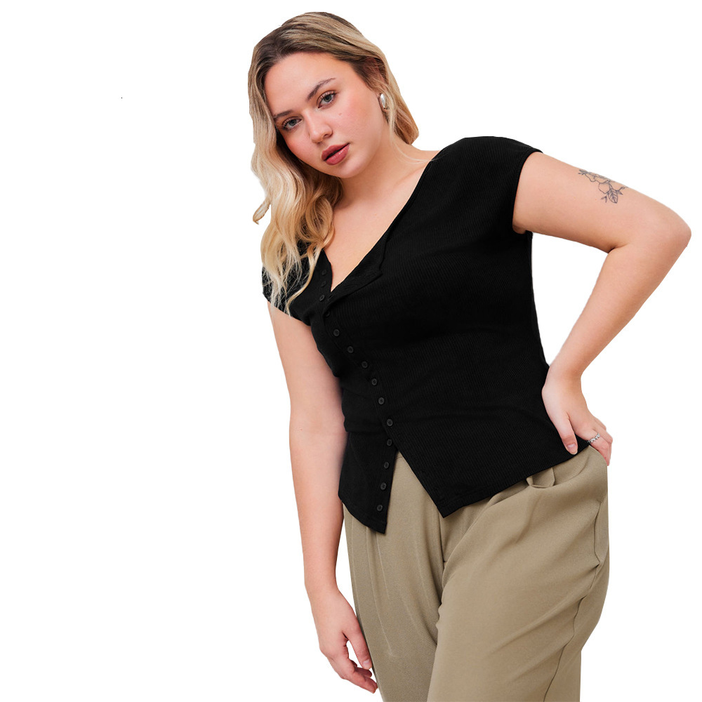 Plus Size Womens Slanted Neck T-shirt Summer New Single Breasted Slim Fit Shoulder Top