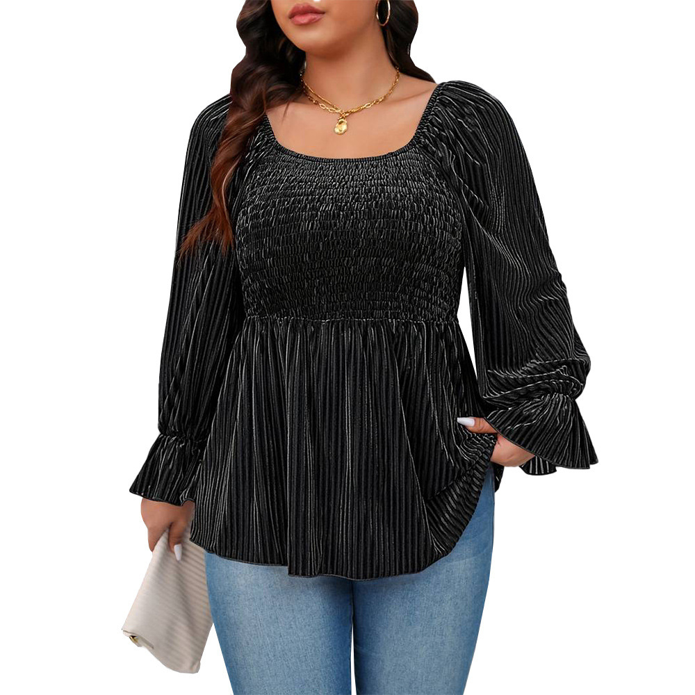 Plus Size Womens Square Neck Flared Sleeve T-shirt Autumn and Winter Elegant Waist Cinching Slimming Velvet Top