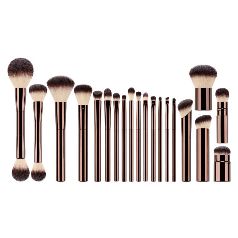 20pcs Makeup Set Professional Foundation Blush Eyeshadow Brush Crease Concealer Eyebrow Powder Blending Dark Bronze Metal Handle Beauty Tools