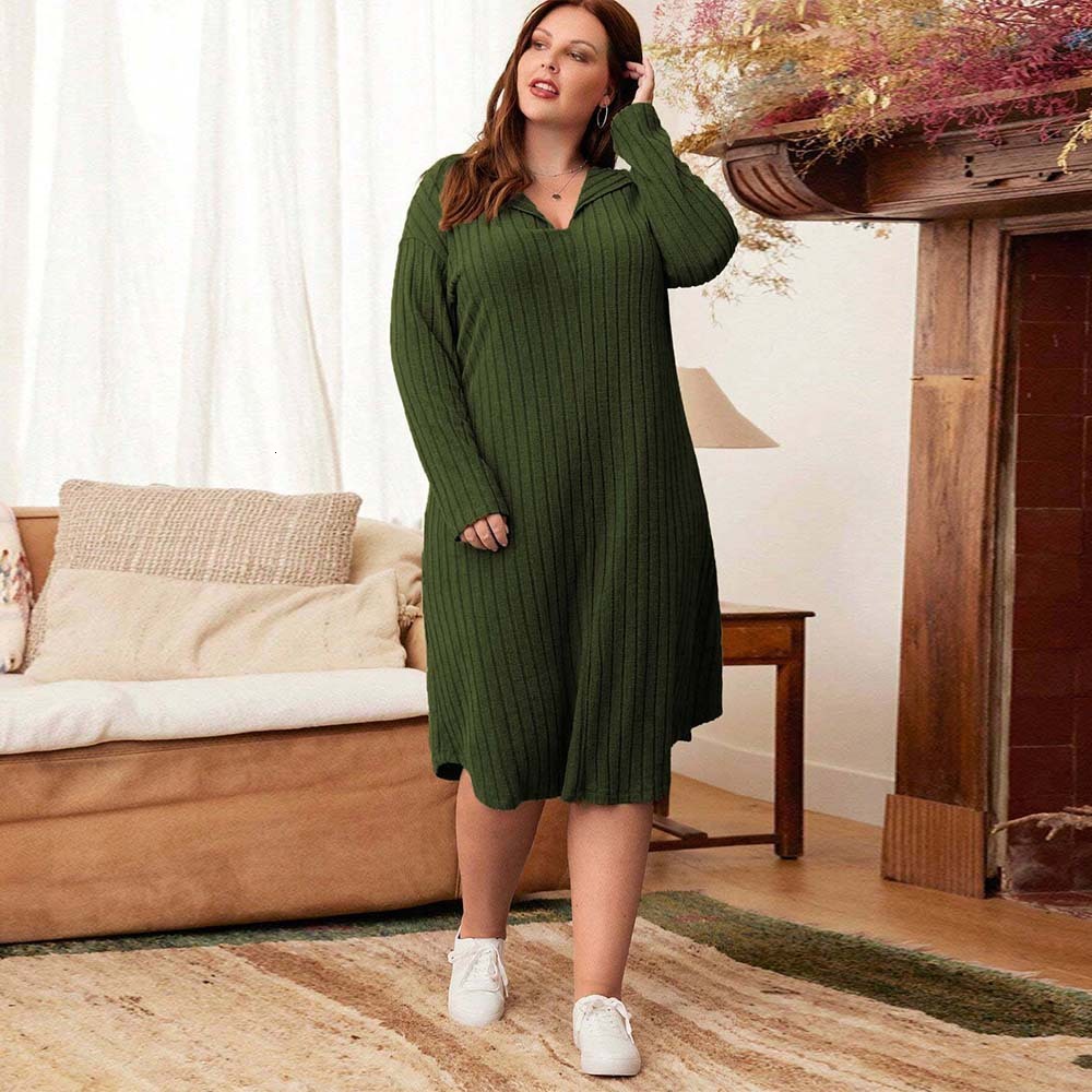 Plus Size Womens Simple Casual Style Dress Autumn and Winter Loose Fit Slimming Long Sleeved Mid Length Skirt