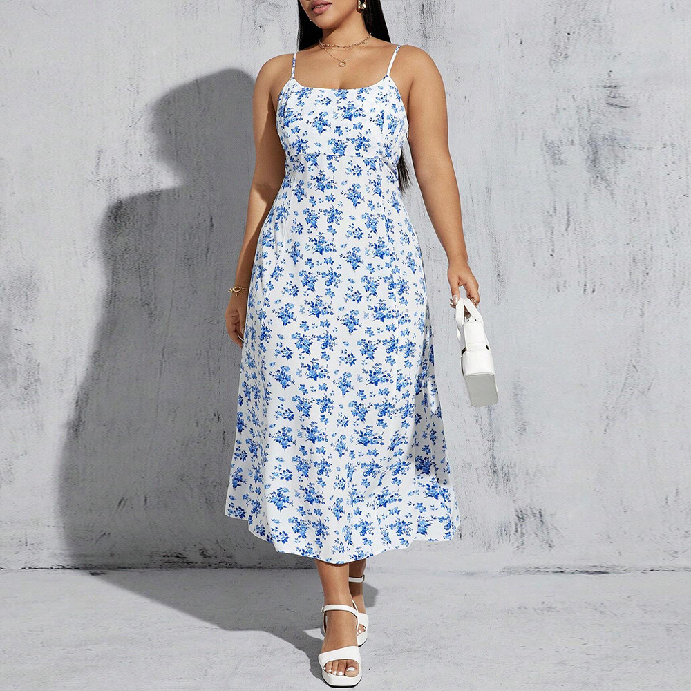 Large Size Womens Fresh Style Collarless Dress Summer New High Waisted Pullover A-line Suspender Dress