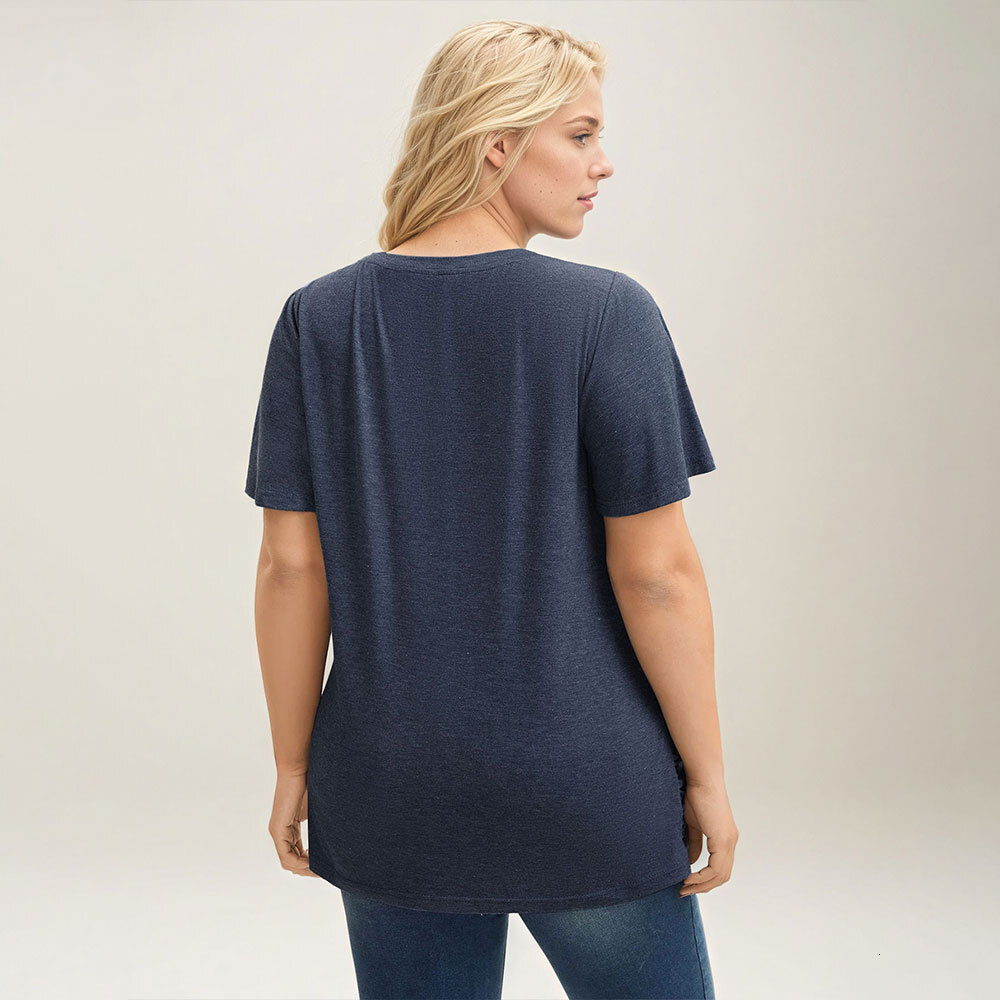 Womens Clothing 2025 Fashion Summer New Item Casual Solid Color V-neck Short Sleeved T-shirt