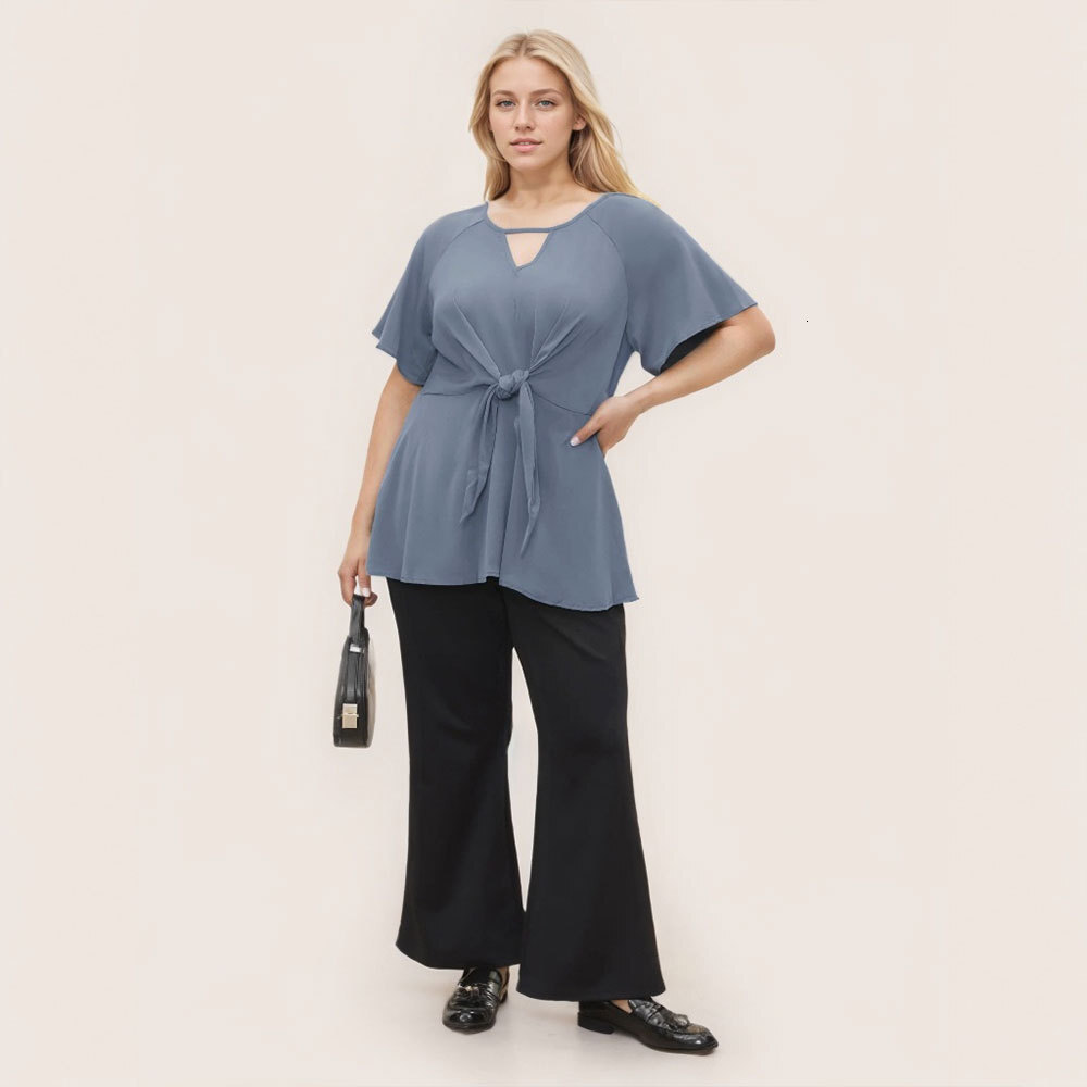 2025 New Plus Size Womens Simple and Elegant Style T-shirt V-neck Waist Cinching Slimming Loose Versatile Top
