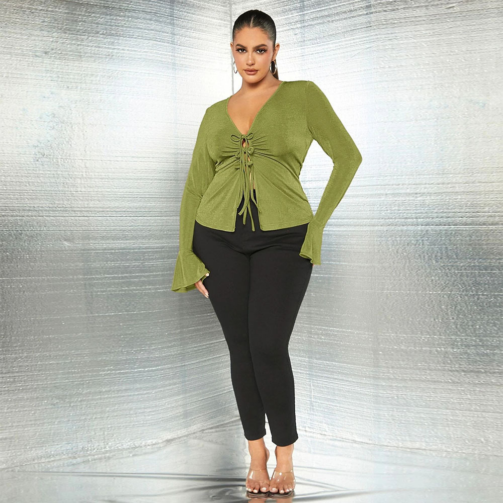 Large Womens Slim Fit Strap V-neck Knitted Long Sleeve Temperament Sexy Top Womens Shirt