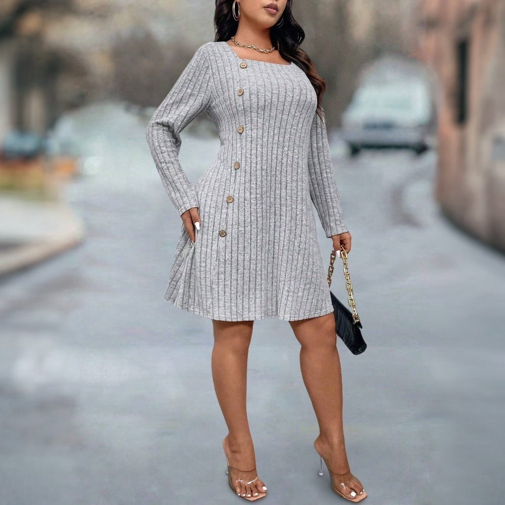 Plus Size Womens Simple and Elegant Dress Autumn and Winter New Square Neck Versatile Commuting Mid Skirt