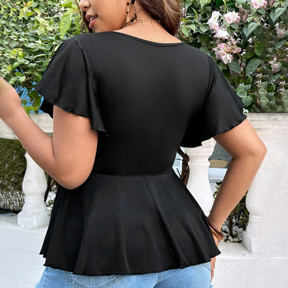 Womens Sexy V-neck Waist Cinched T-shirt Top Slimming Hem Short Sleeved Knitted Sweater for Women
