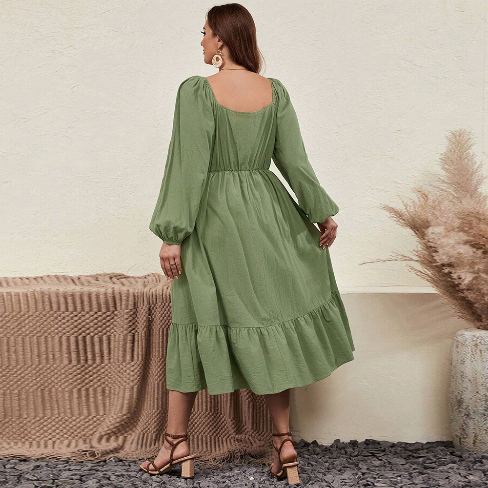 Large Size Womens Waist Cinched Hemline Heart-shaped Collar Bubble Sleeves Rustic Style Long Sleeved Dress