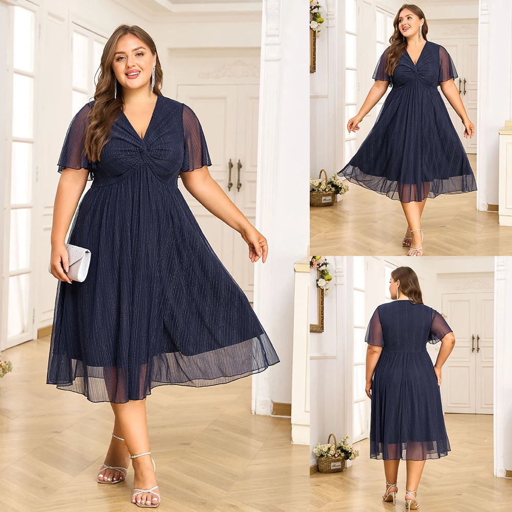 Plus Size Womens V-Neck Solid Dresses Elegant Evening Party Dress Prom Female Large Size Bridesmaid Dresses 2XL 3XL 4XL 5XL 6XL 250515