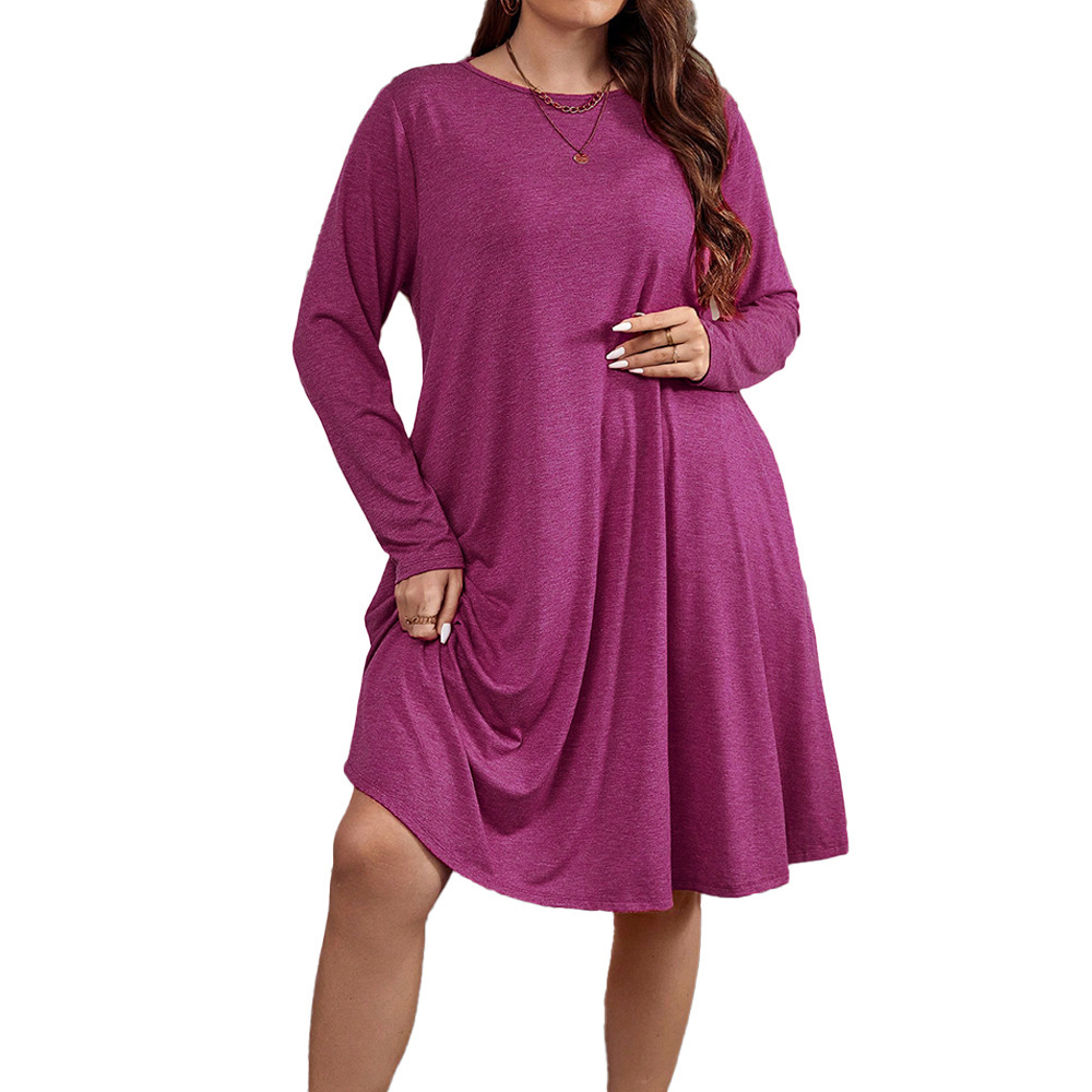 Large Size Womens Autumn and Winter Long Sleeved Round Neck Loose Casual Solid Color Pocket Dress