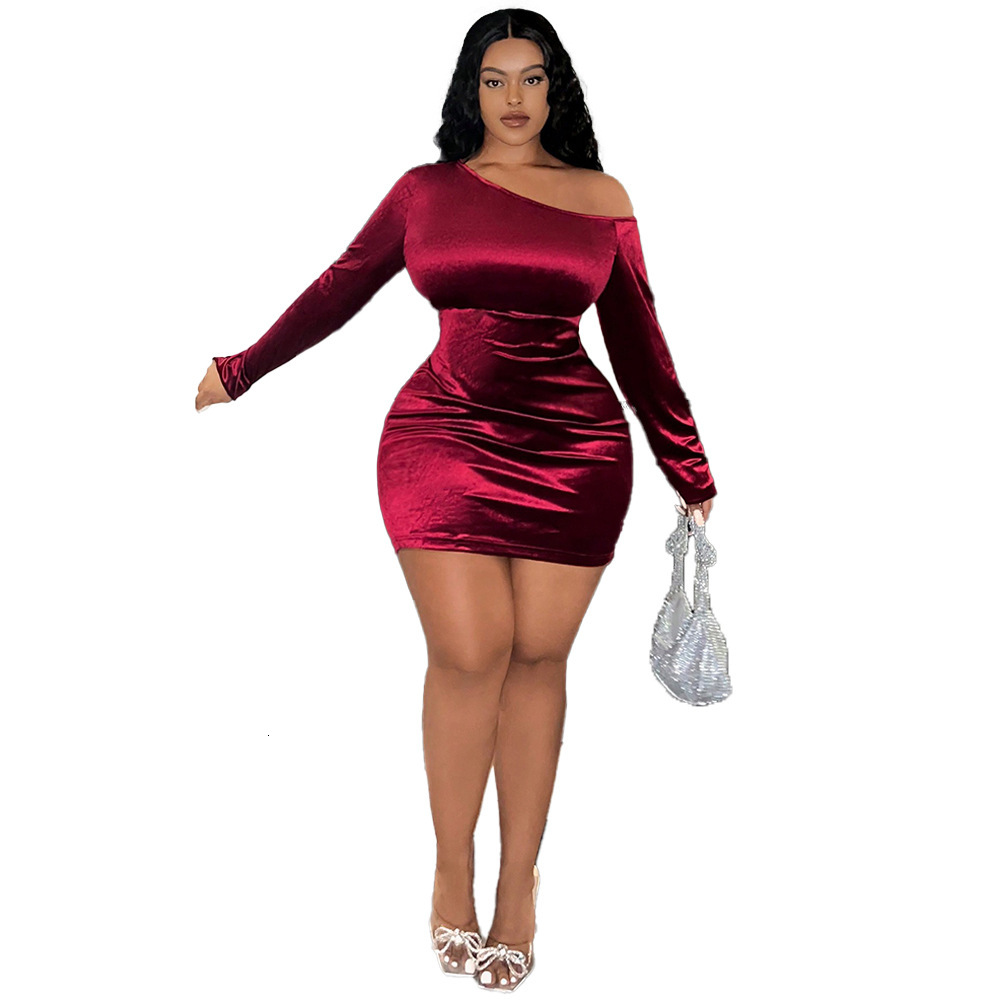 Large Size Womens Autumn and Winter Sexy Off Shoulder French Wrap Skirt Temperament Velvet Dress