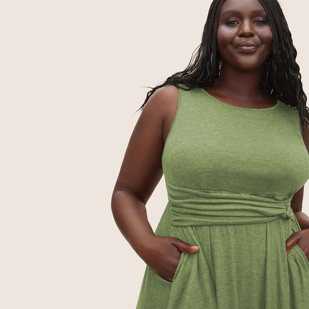 Oversized Womens New Round Neck Sleeveless Vest Pocket Solid Color Irregular Dress