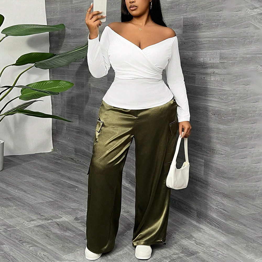 Large Size Womens Simple and Sexy T-shirt Autumn and Winter V-neck Slim Fit and Slimming Short Long Sleeved Top