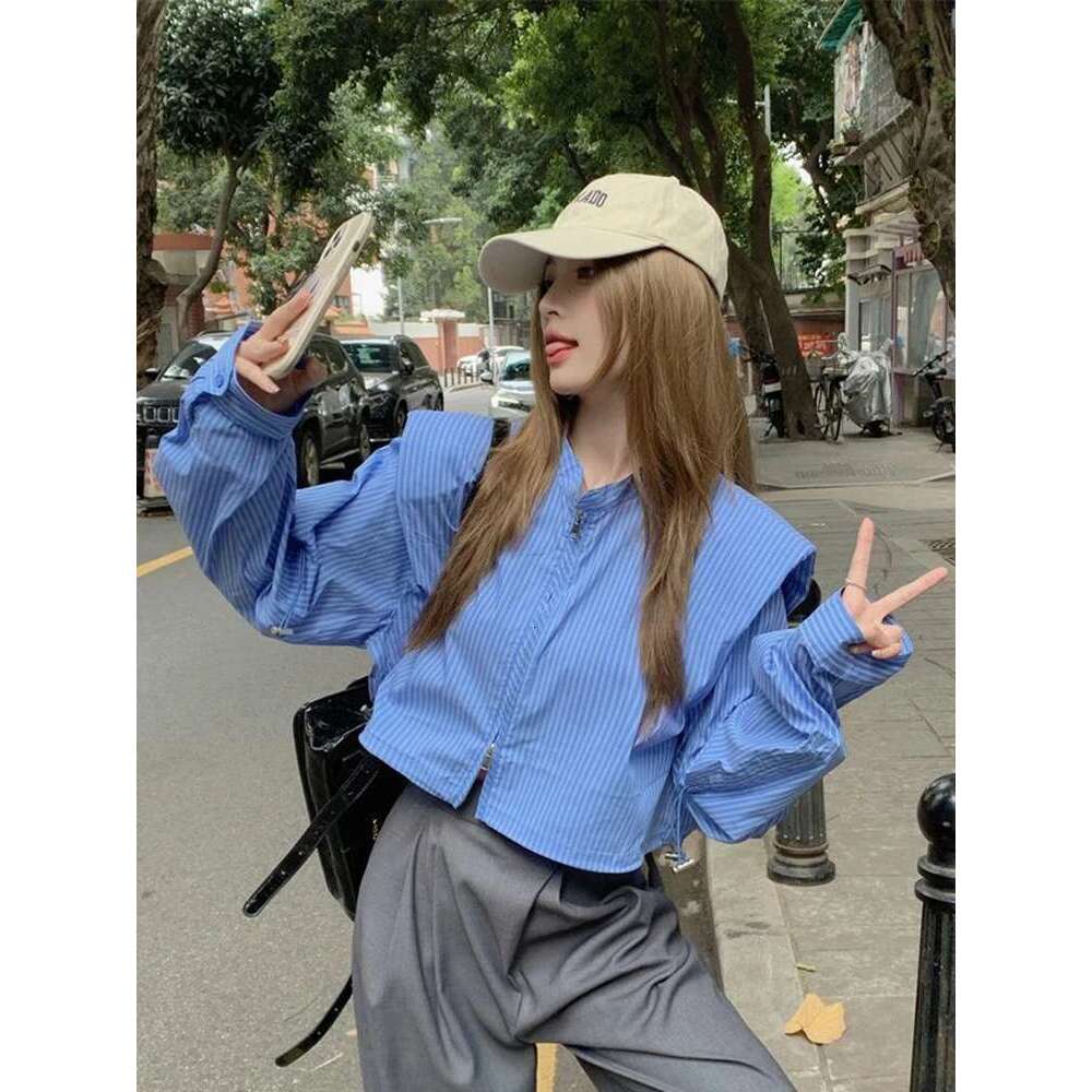 Zoki Sexy Cropped Striped Shirt Women Streetwear Long Sleeve Retro Blouse Korean Double Zipper Patchwork Design Female Short Top
