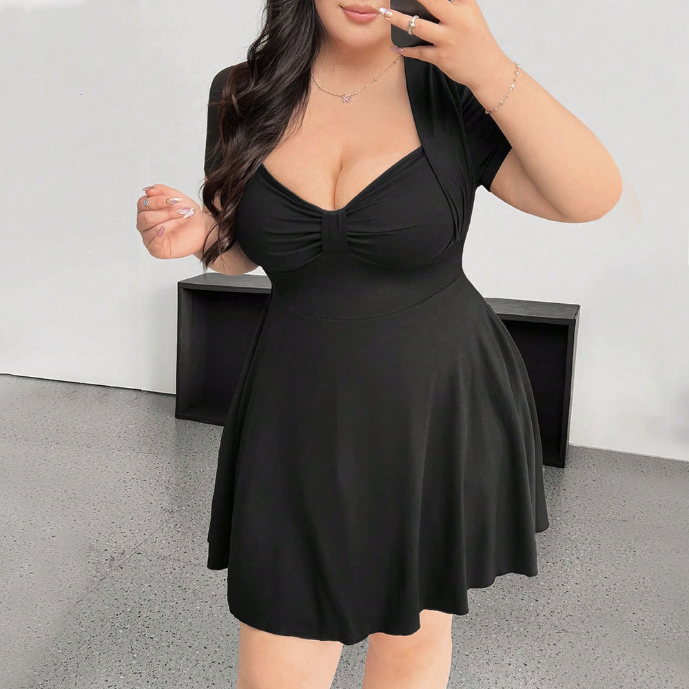 Plus Size Womens Sexy and Pure Desire Dress for Summer V-neck Waist Cinching Slim Fit and Slimming Design Short Skirt