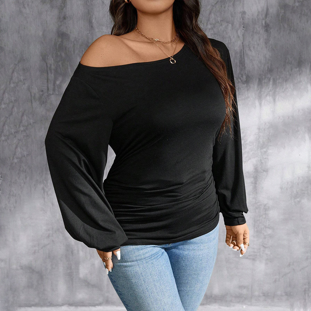 Large Size Womens Mature Pure Desire T-shirt Autumn and Winter Sloping Collar Off Shoulder Design Top