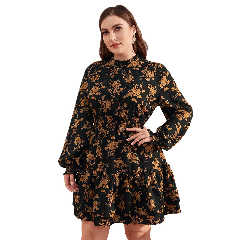Plus Size Womens High Neck Bubble Sleeve Dress Autumn and Winter Elegant Ruffle Edge Floral Short Skirt