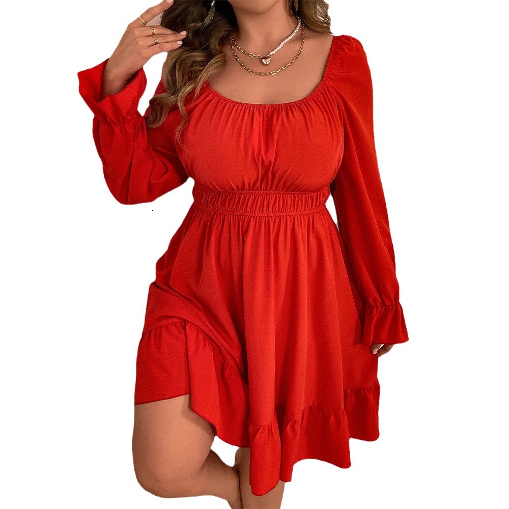 Large Size Womens Clothing Autumn and Winter New Item Square Collar Waist Cinching Large Swing Long Sleeved Elegant Dress with Temperament