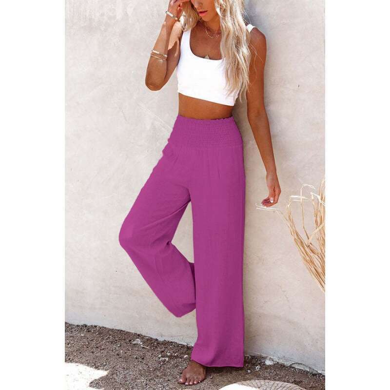2025 Spring/summer Cotton and Hemp Large Size Womens Wide Leg Elastic Waist Casual Long Pants Versatile Long Ventilation Solid New Product New Arrival