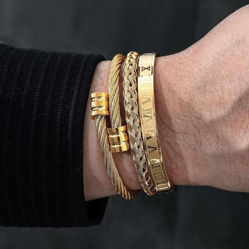 3-piece combination stainless steel woven for men, Roman numeral bracelet, twisted rope adjustable cuff bracelet