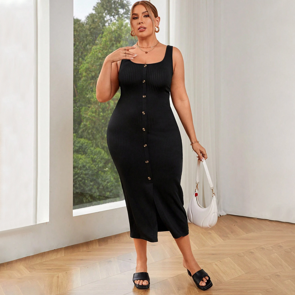 Large Size Womens Elegant Style Square Neck Dress Summer New High Waisted Solid Color Suspender Wrapped Skirt