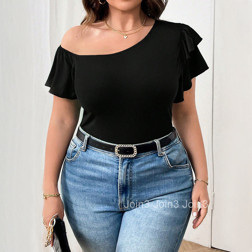 2025 Summer New Plus Size Womens Versatile Ruffle Edge Sloping Collar Design Loose T-shirt Top