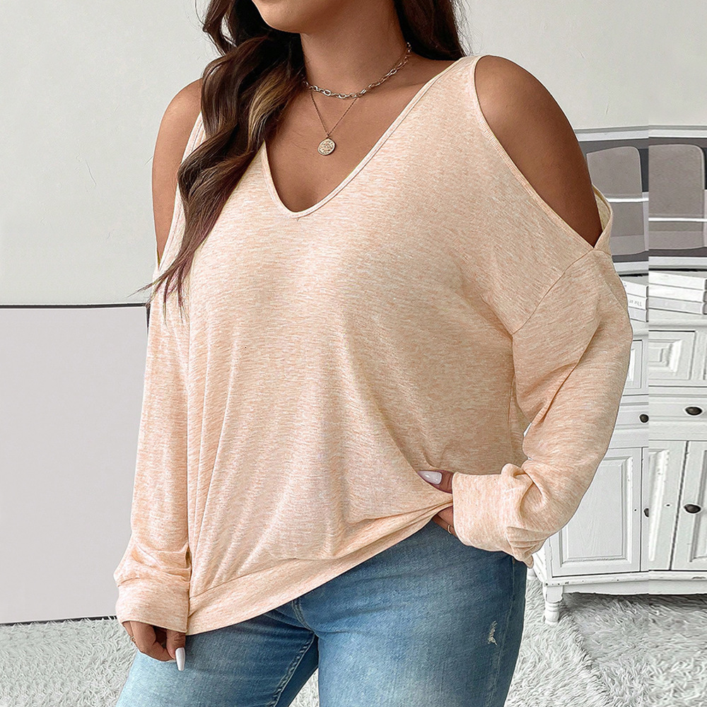 Large Size Womens Autumn and Winter Sexy Off Shoulder V-neck Loose Casual Solid Color Long Sleeved T-shirt Top