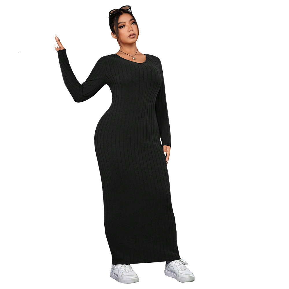 Plus Size Womens Long Sleeved Dress Autumn and Winter Minimalist Style Slim Fit Hip Hugging Long Skirt for Women