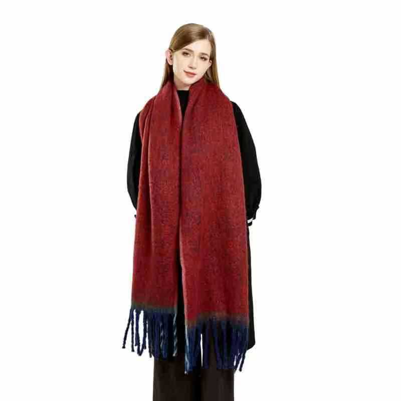 K738 Simple border solid color scarf women's warm imitation cashmere tassel scarf autumn and winter contrast color neck cold shawl