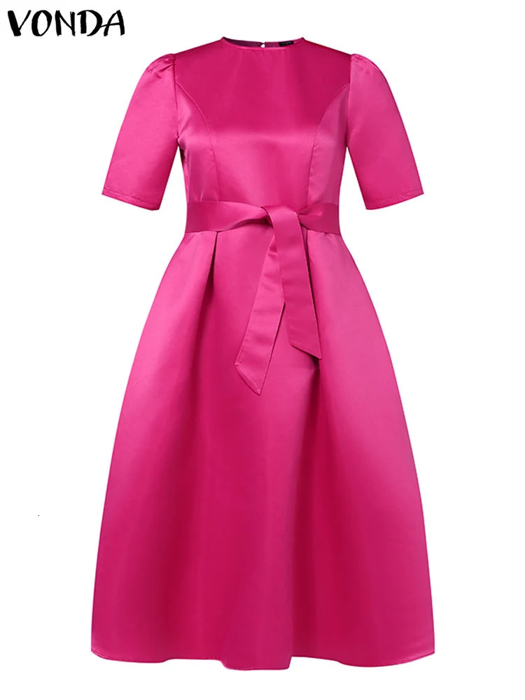 Plus Size Women Stain Dress Summer Sexy Puff Sleeve Evening Party Dress VONDA Beach Sundres Casual Loose Robe Vestidos 250515