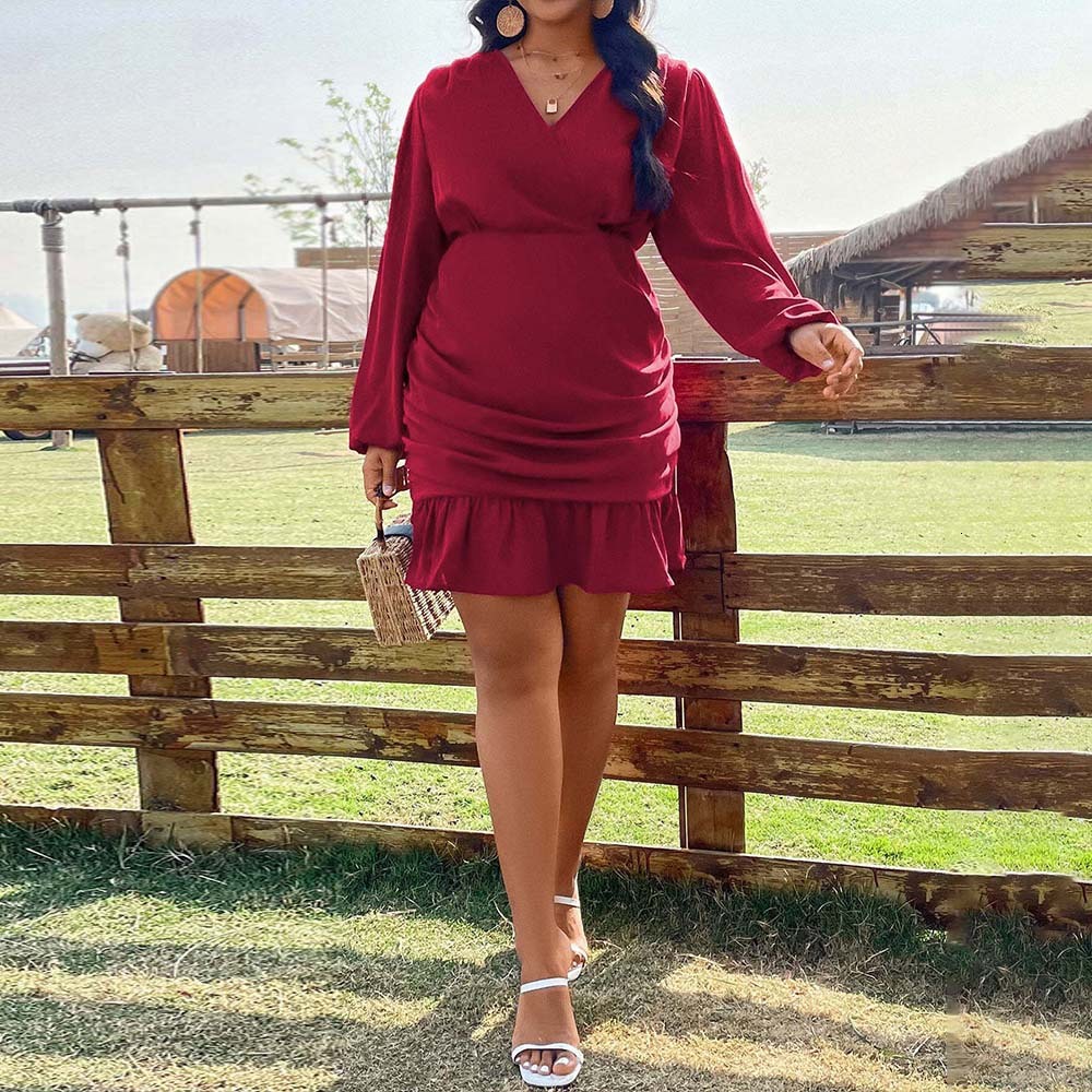 Large Size Womens Clothing with Intellectual Style Wine Red Dress Autumn and Winter Elegant Temperament Pleated Short Skirt