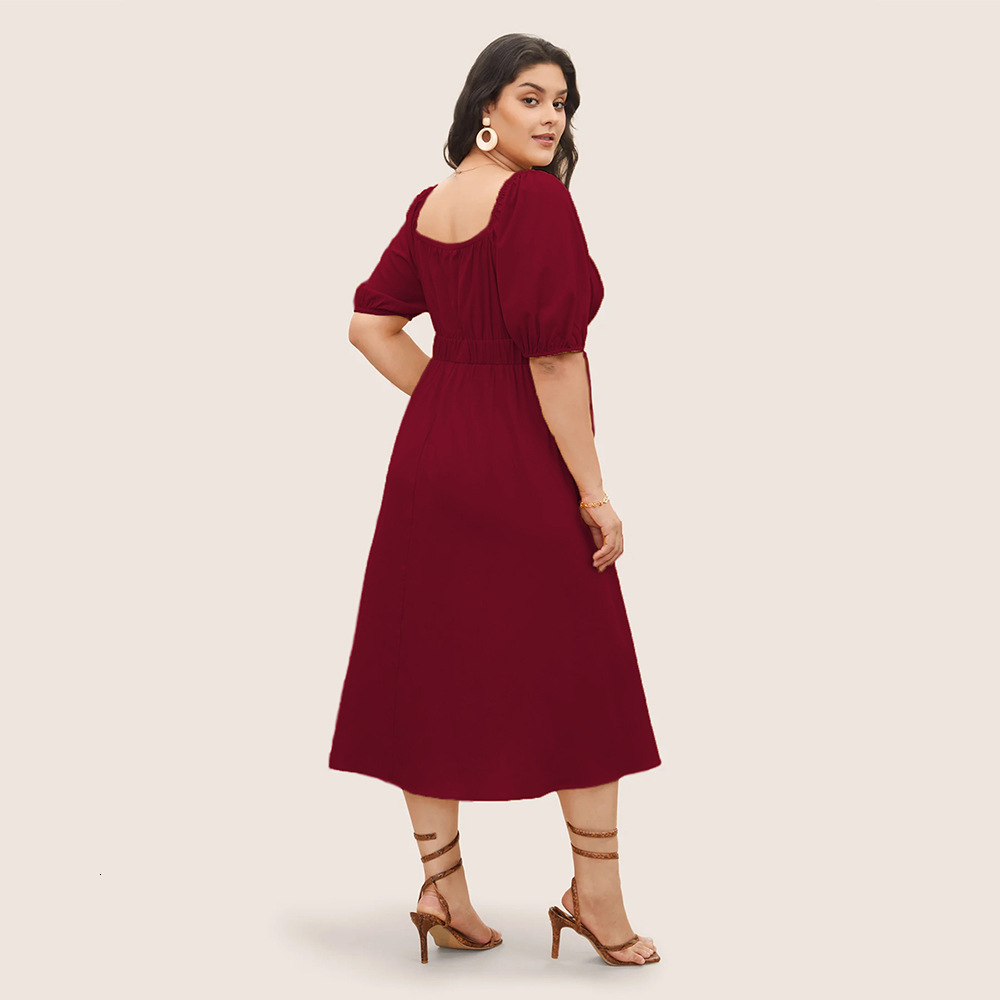 Large Size Womens Spring/summer New Square Neck Bubble Sleeve Pocket Waist French Vacation Dress