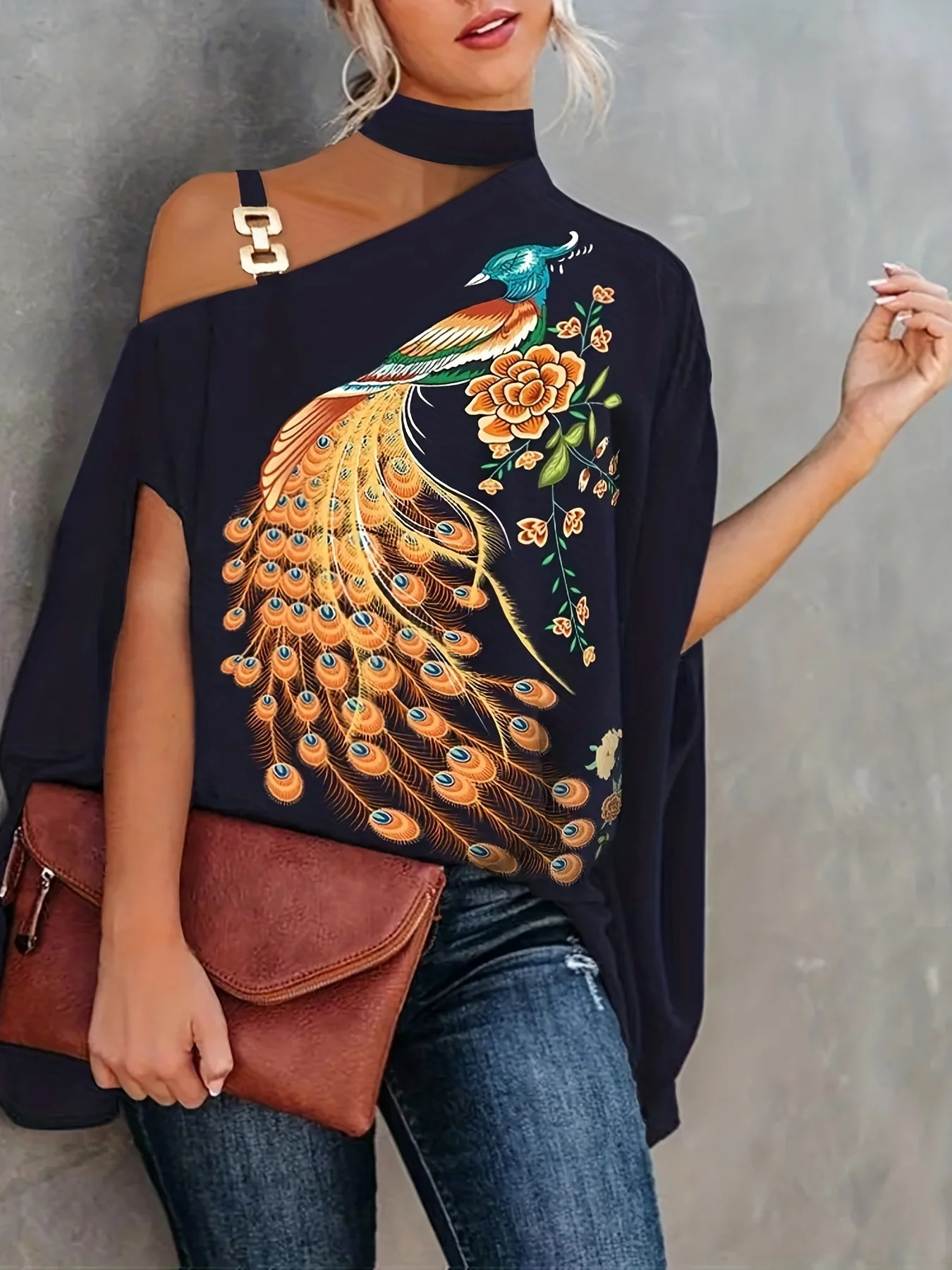 Plus Size Sexy Halter Loose Blouse Tops Elegant Print Off Shoulder Batwing Sleeve Pullover Shirt 2023 Summer Fashion Str 250514
