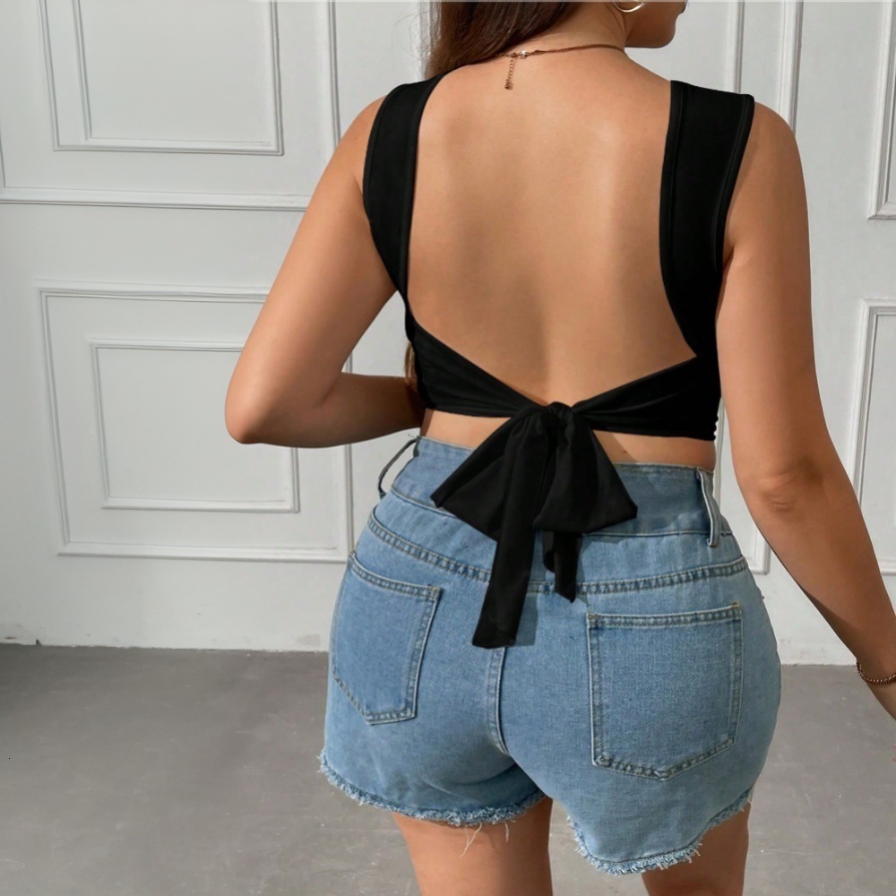 Plus Size Womens Simple and Sexy T-shirt for Spring and Summer New Style Backless Design Top