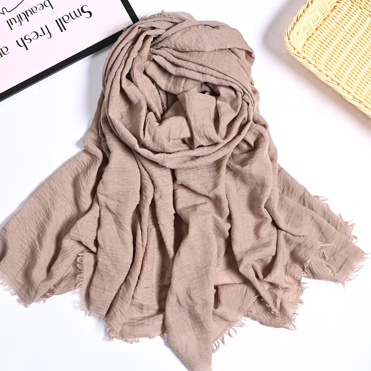 T727 European and American encrypted high quality bubble wrinkle monochrome cotton and linen scarf solid color hair beard head scarf wrinkle pleated s