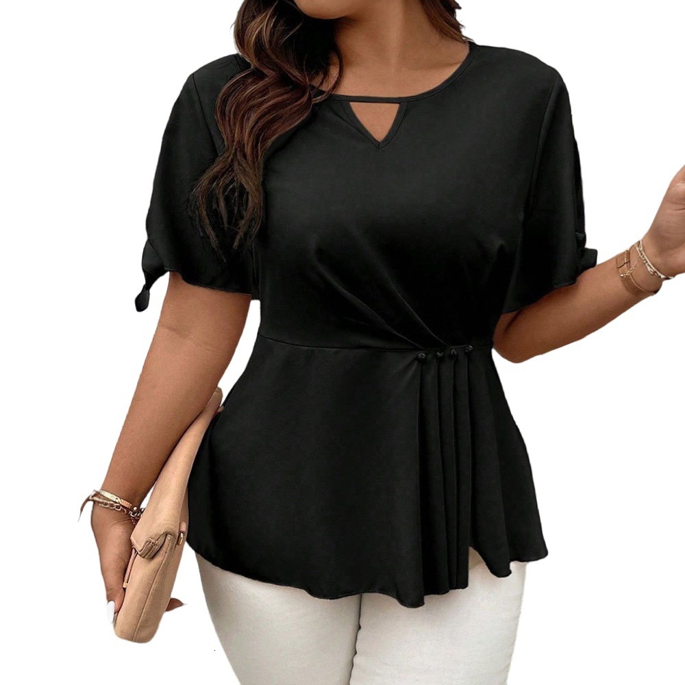 2025 Summer New Plus Size Womens Simple Casual T-shirt with Waist Cinching and Slimming Design Sense Top