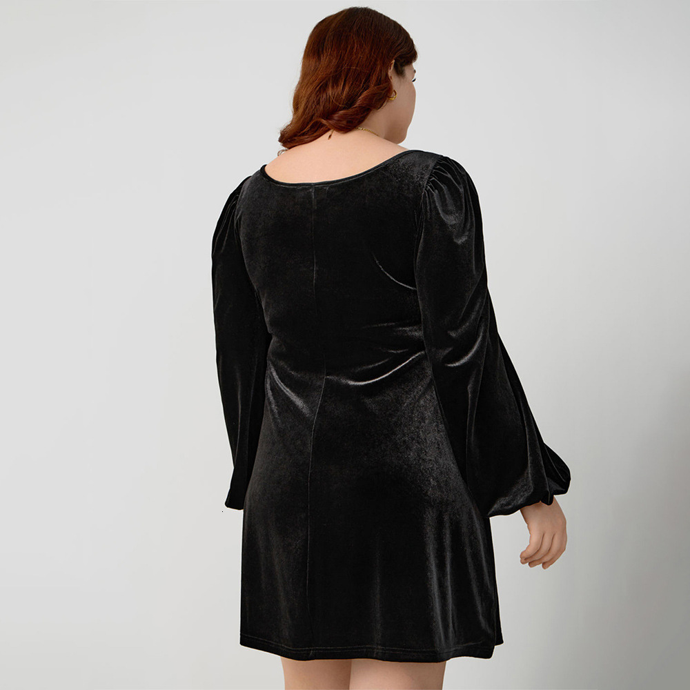 Large Size Womens Autumn and Winter Square Neck Sexy Velvet Lantern Sleeves Fit Temperament Socialite Dress